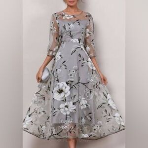 NWT Floryday Mother of the Bride Gray Tule Overlay Floral Dress Size 2XL